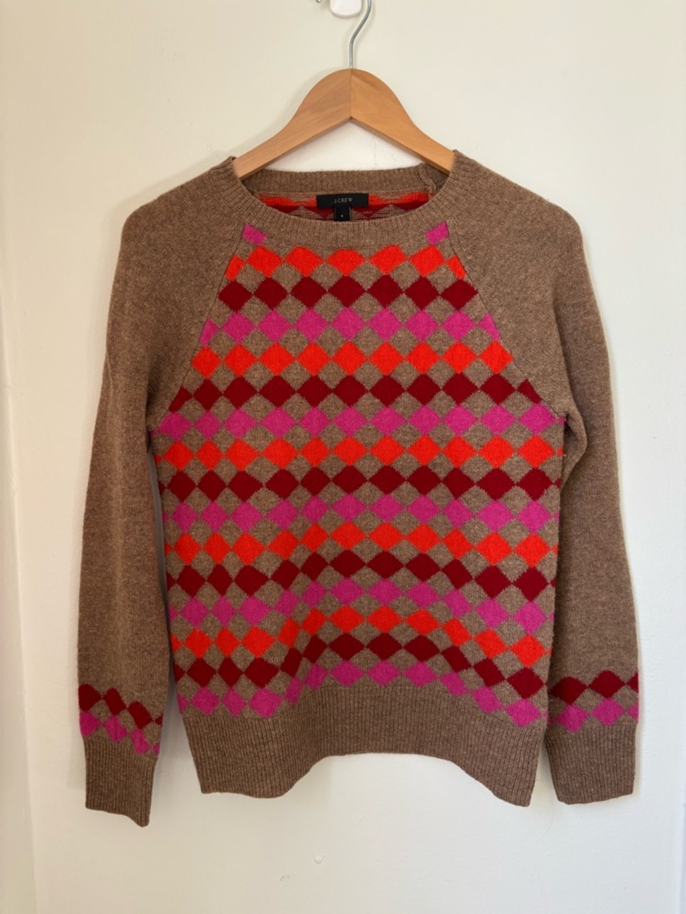 J.Crew tan Brown Argyle lambswool Sweater with Pink & Orange Diamonds